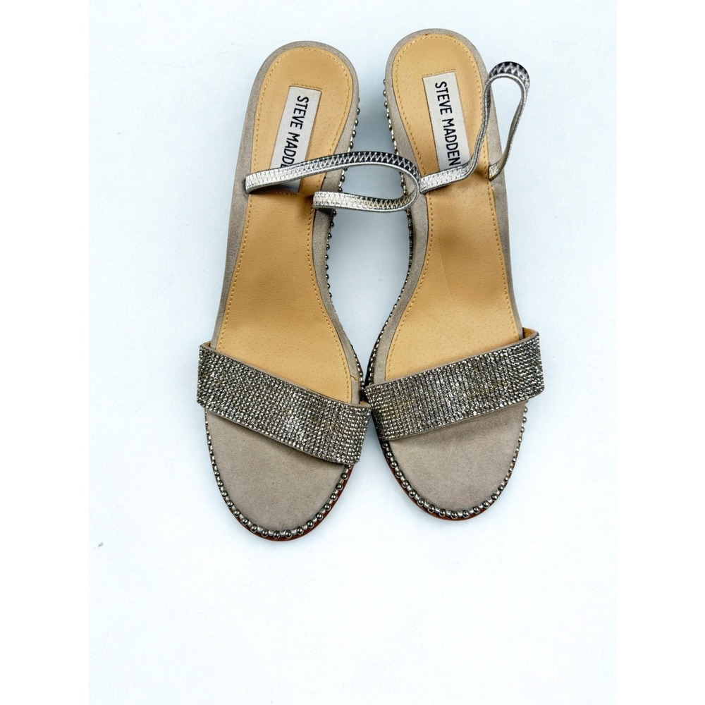 Steve Madden Rhinestone Slingback Heels 8.5 Taupe Suede Silver Dress Sandals